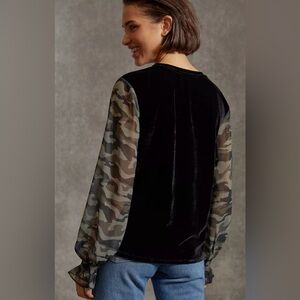 Black Velvet Top with Camouflage Sleeves